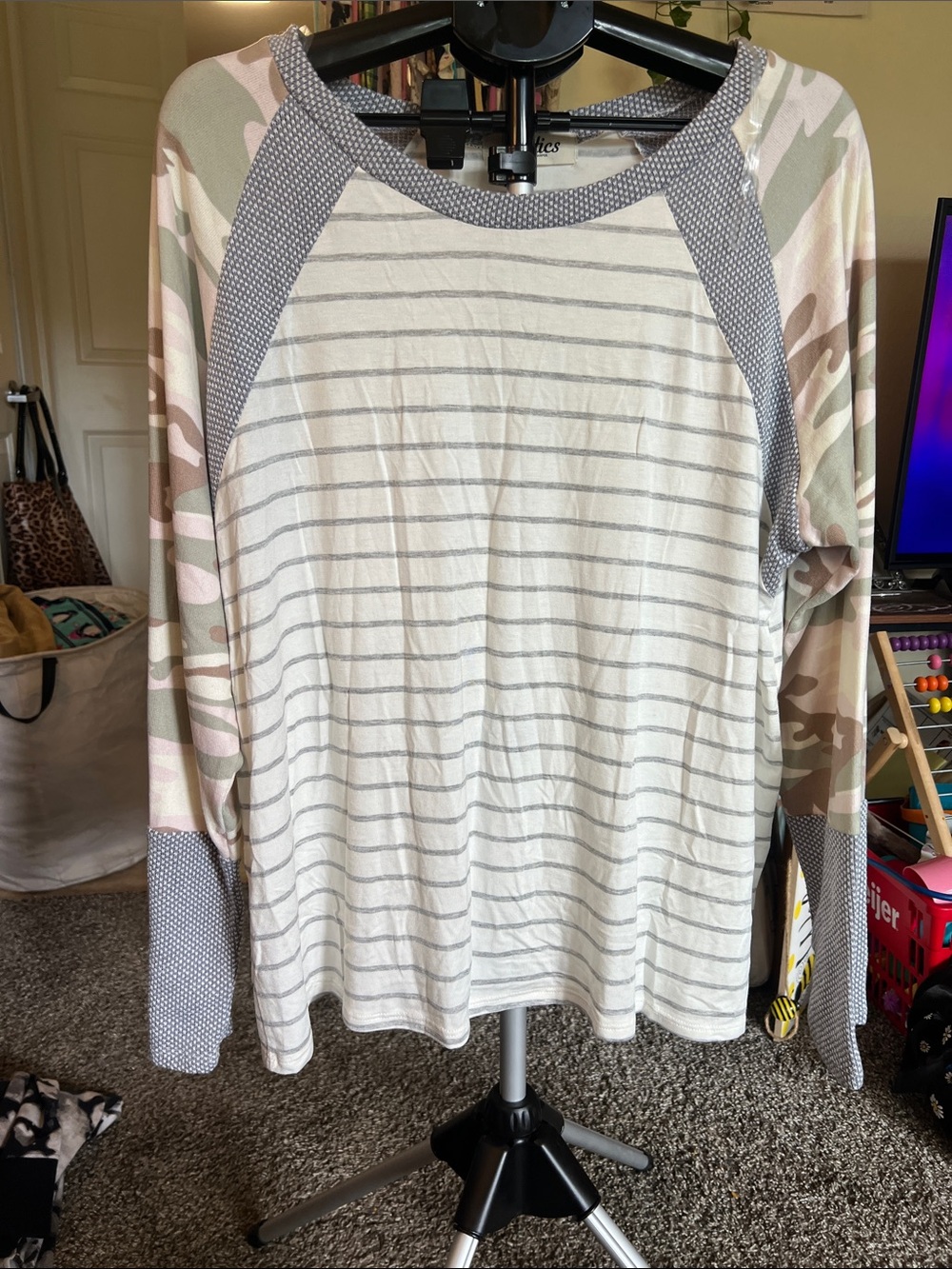 Striped Raglan Long Sleeve Top with Camouflage Sleeves - Cream & Gray -